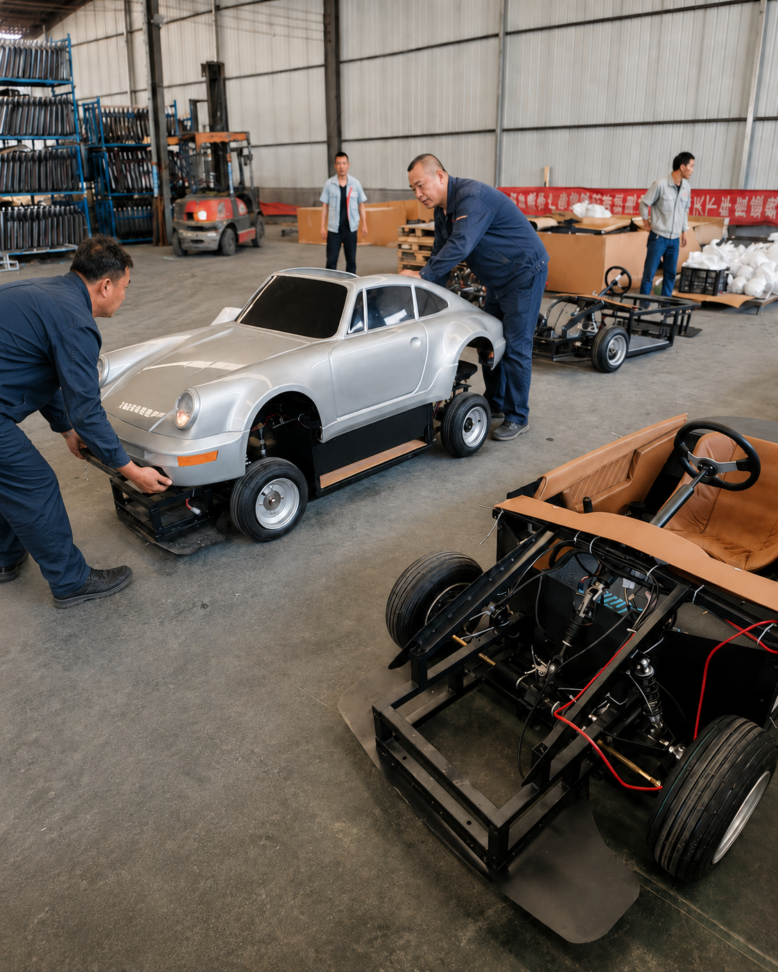 GD KART workers assembling vehicles and chassis in the factory
