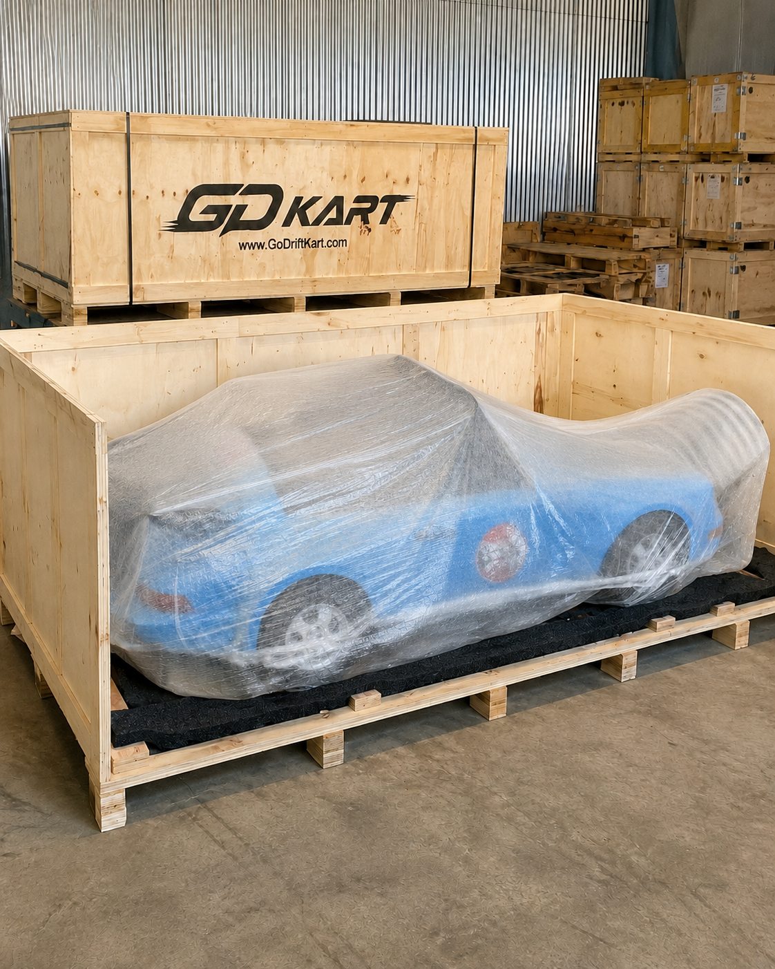 GD KART vehicle protected inside a wooden export crate